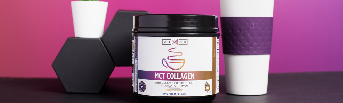 Zhou Nutrition MCT Collagen Peptide Powder next to coffee cup and plant