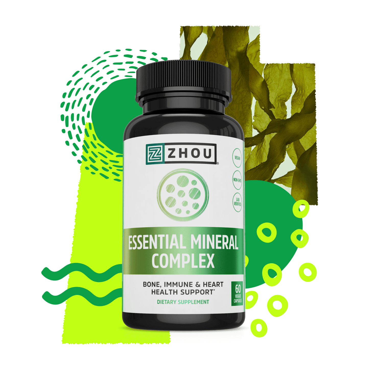 A bottle of Zhou Nutrition Essential Mineral Complex for bone support, with green abstract shapes and seaweed behind.