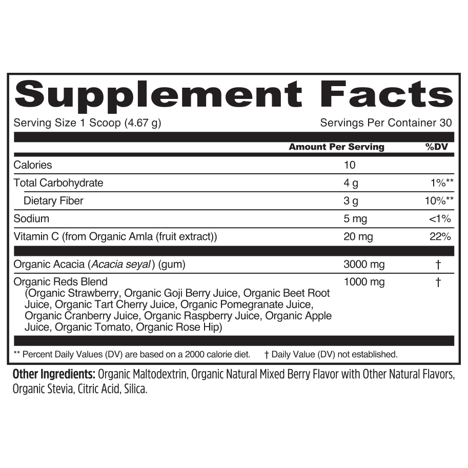 Daily Reds by Zhou Nutrition: supplement facts label with superfood ingredients, antioxidants, nutrition & serving size info.