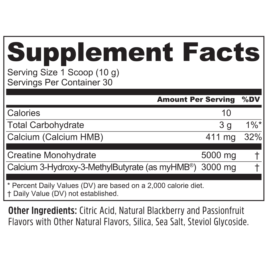 The Creatine + HMB Supplement Facts label lists serving size, nutrients, and ingredient amounts from Zhou Nutrition.
