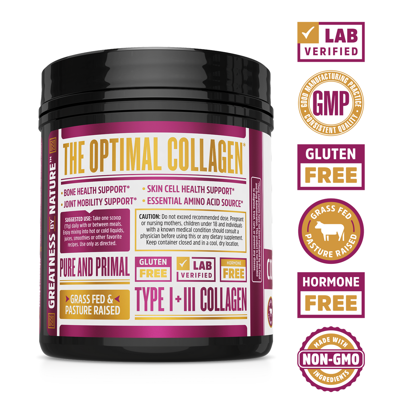 Zhou Nutrition Collagen Peptides: grass-fed, lab verified, GMP, gluten free, hormone free, and non-GMO container.