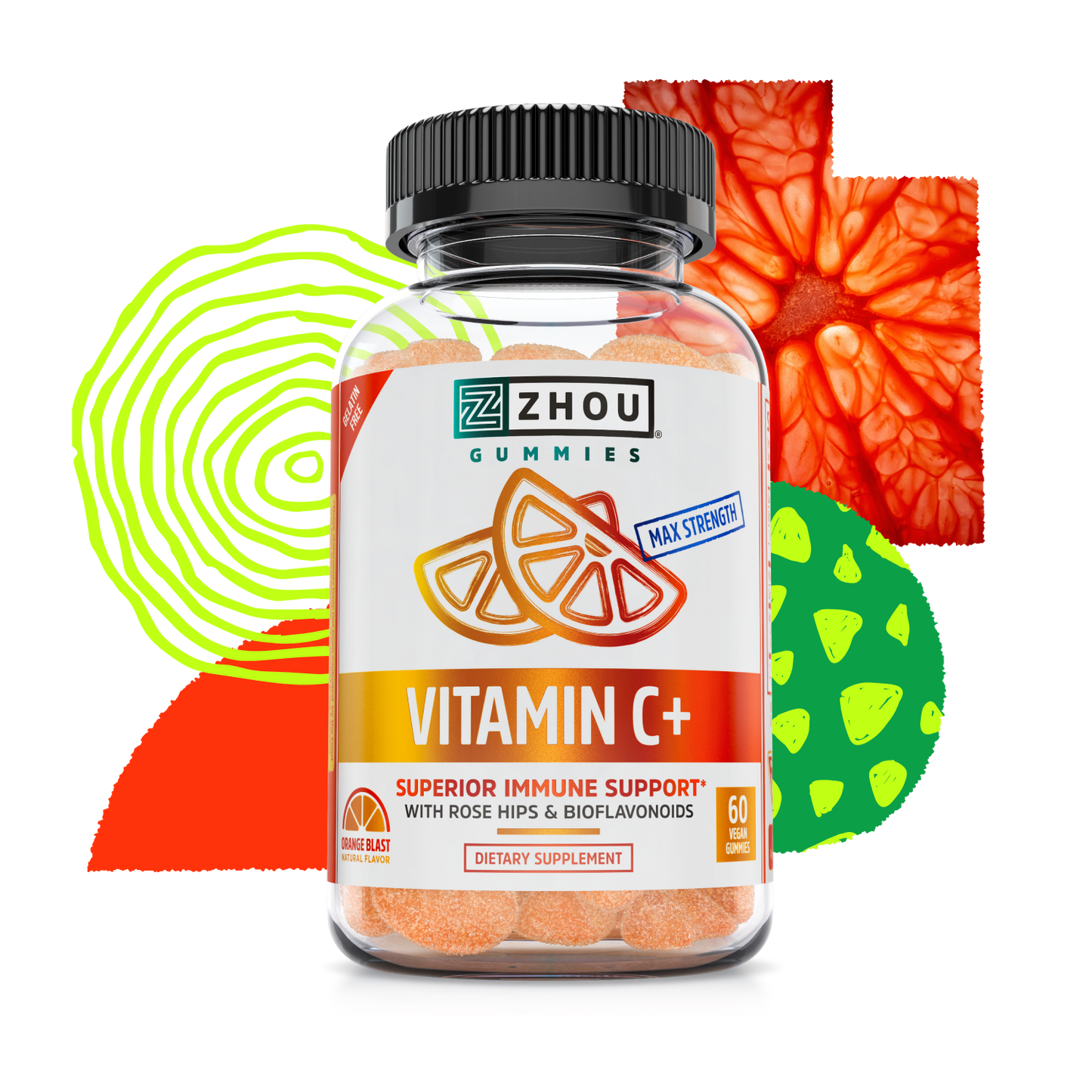 A bottle of Zhou Nutrition Vitamin C+ Gummies for immune support with colorful fruit graphics in the background.