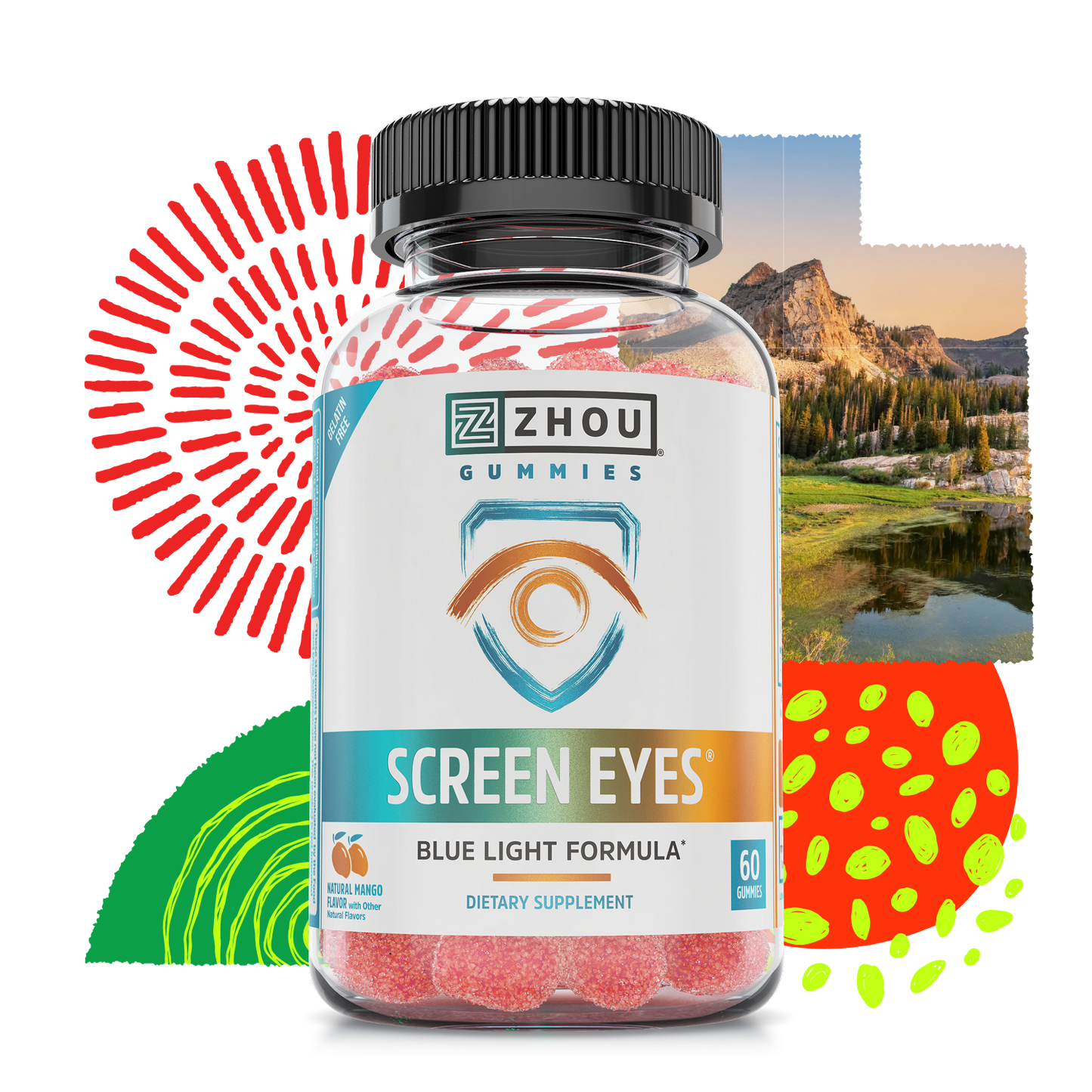 A bottle of Zhou Nutrition Screen Eyes Gummies with colorful shapes and mountains in the background.