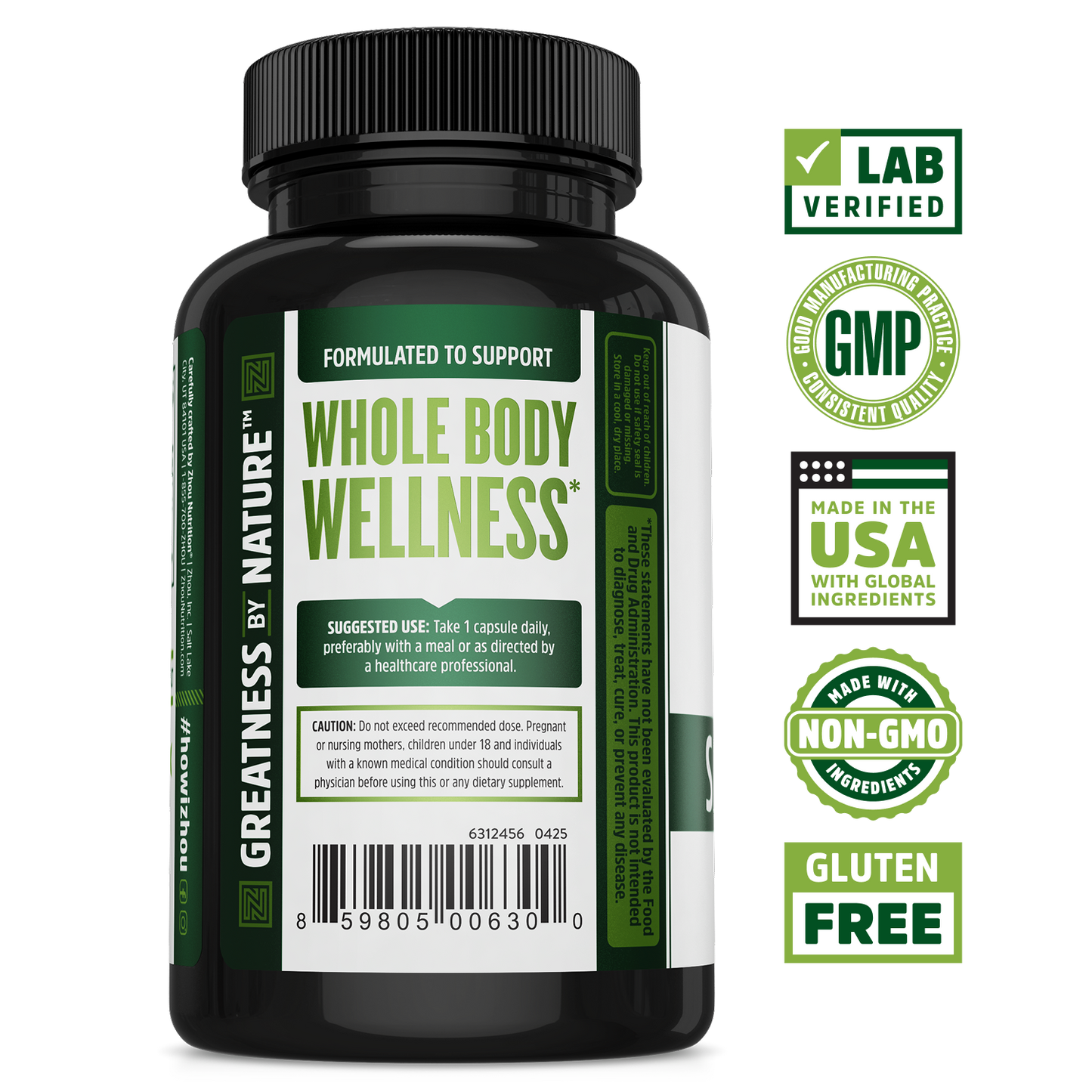Black supplement bottle labeled Zhou Nutrition Saw Palmetto, supporting prostate health with certified quality.