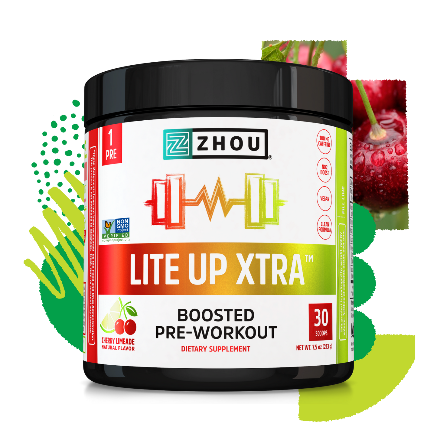 A container of Zhou Nutrition Lite Up XTRA cherry limeade pre-workout with clean caffeine and cherries in the background.
