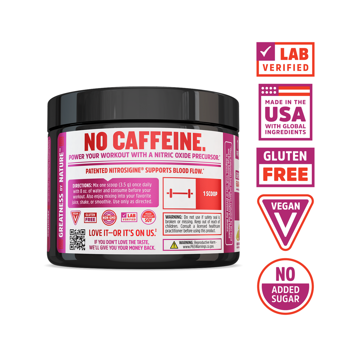 Zhou Nutrition Lite Up—no caffeine, lab verified, made in USA, vegan, non-stimulant pre-workout, no added sugar.