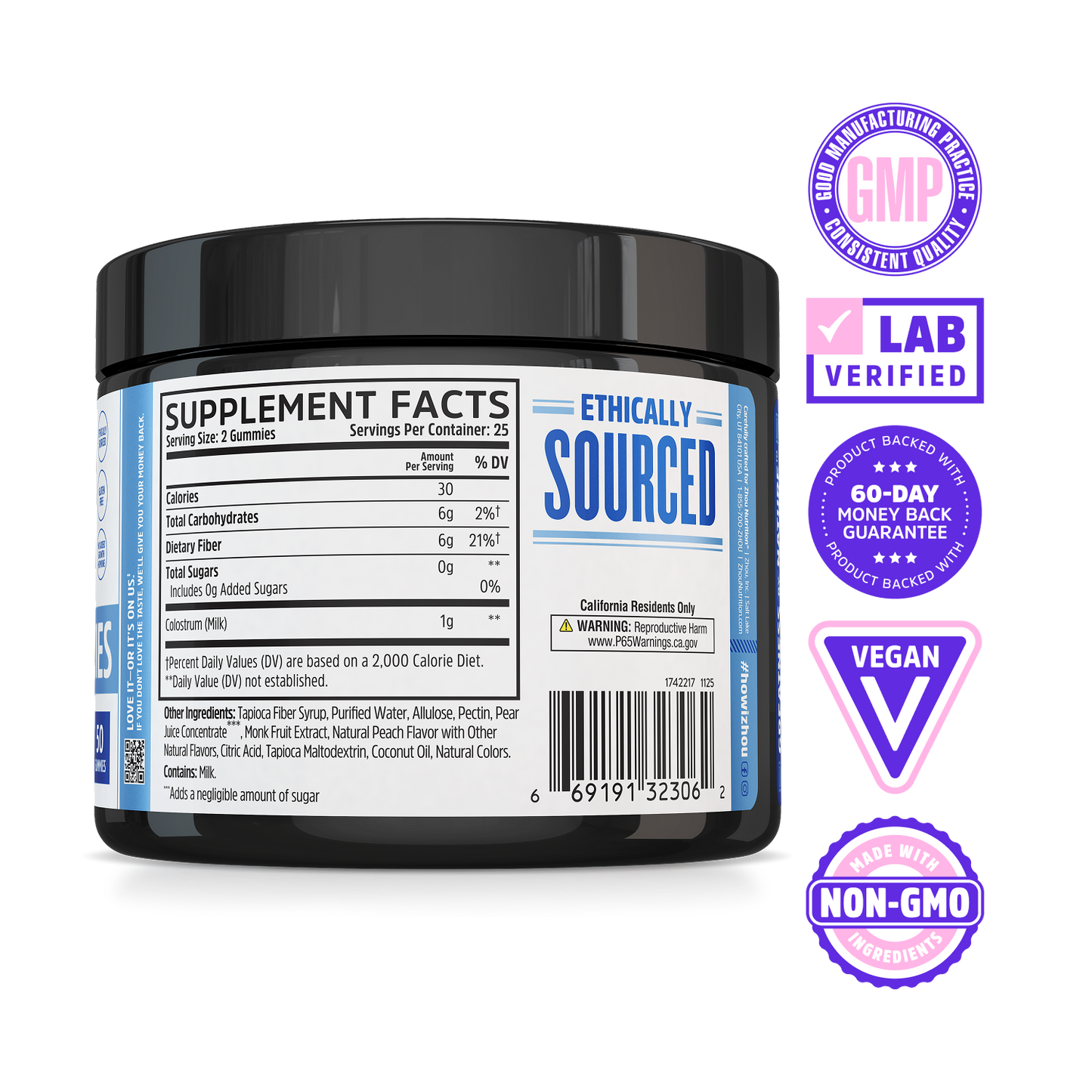 Supplement facts label on Zhou Nutrition Colostrum Gummies—GMP, Lab Verified, Vegan, and Non-GMO premium features.