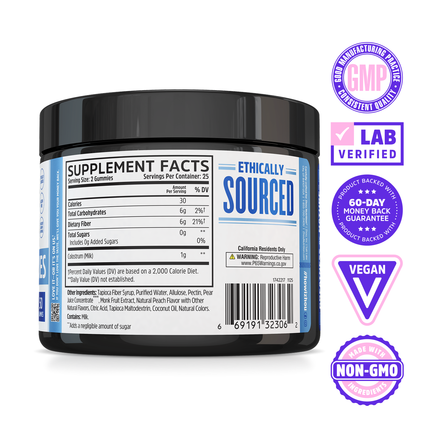 Supplement facts label on Zhou Nutrition Colostrum Gummies—GMP, Lab Verified, Vegan, and Non-GMO premium features.