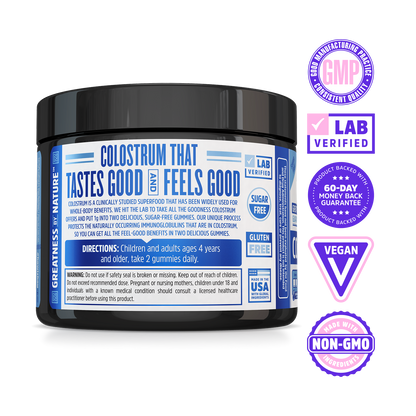 Zhou Nutrition Colostrum Gummies—premium, vegan, non-GMO, lab verified, GMP—for modern diets.