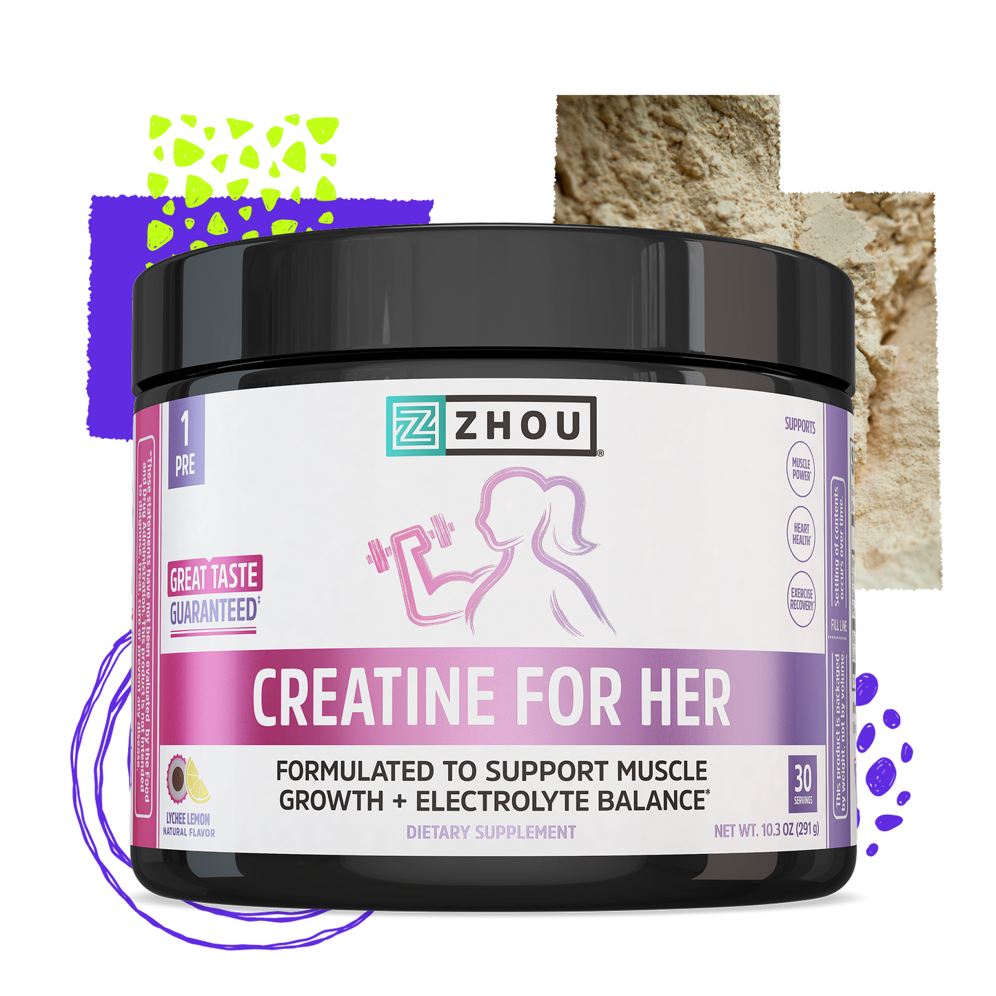 A Zhou Nutrition Creatine for Her container with a pink accent, designed for muscle growth and workout support.