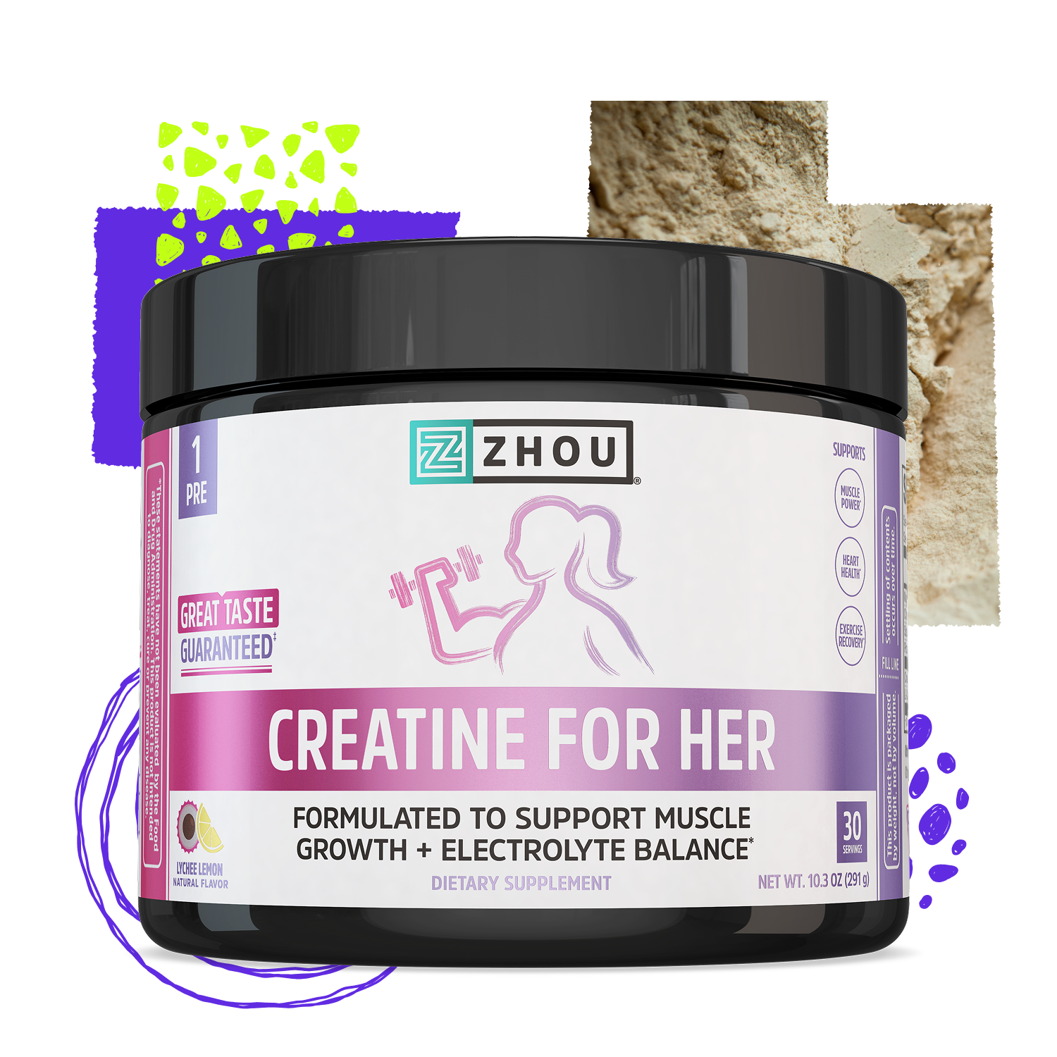 A Zhou Nutrition Creatine for Her container with a pink accent, designed for muscle growth and workout support.