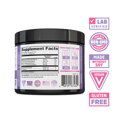 A Creatine for Her jar from Zhou Nutrition with supplement facts and icons: lab verified, non-GMO, soy-free, vegan, workout support.