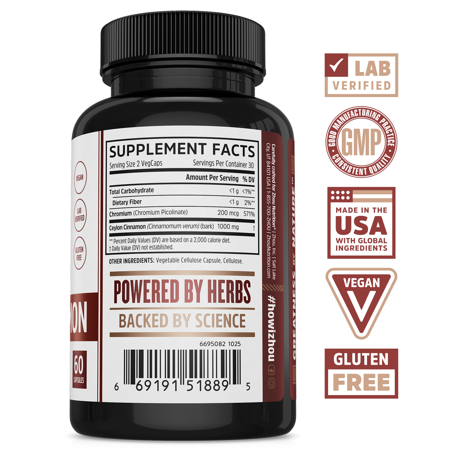 Zhou Nutrition Ceylon Cinnamon: black bottle, lab verified, GMP, made in USA, supports glucose metabolism.