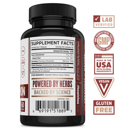 Zhou Nutrition Ceylon Cinnamon: black bottle, lab verified, GMP, made in USA, supports glucose metabolism.