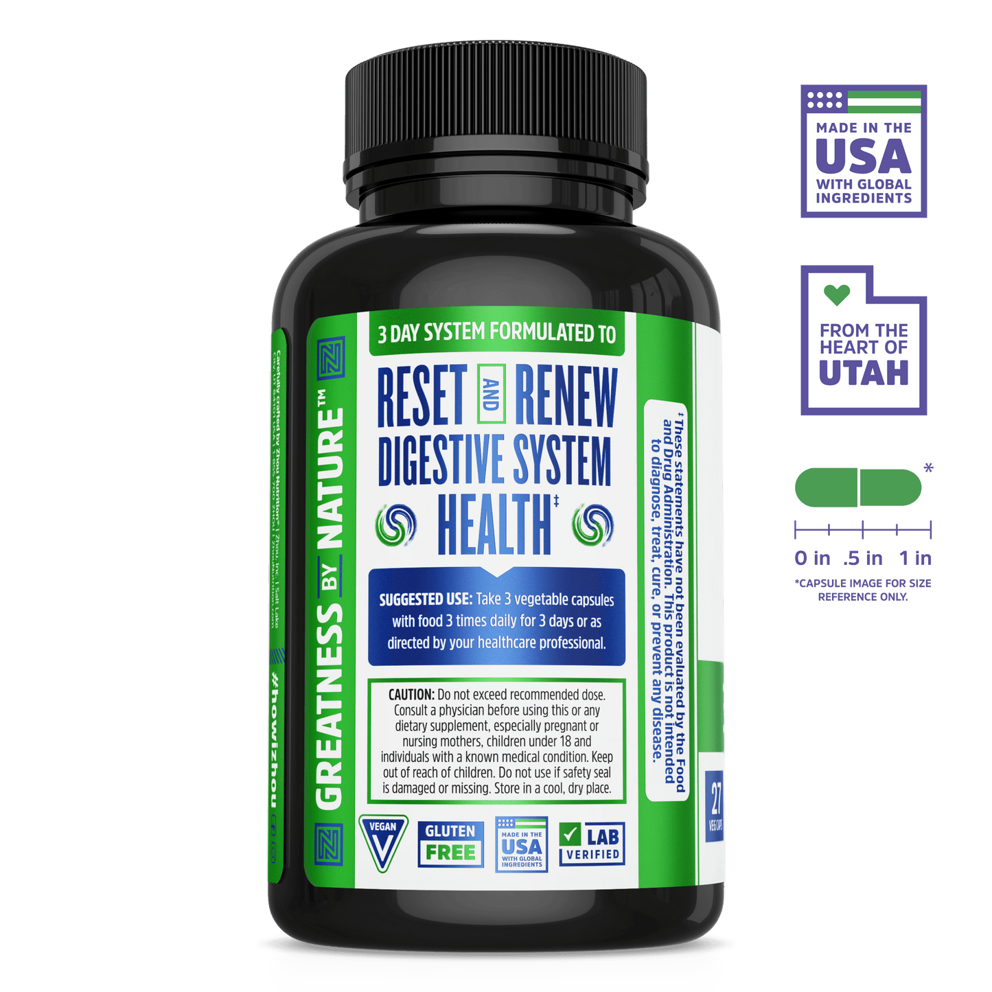 A bottle of Zhou Nutrition 3 Day Renew digestive capsules for gut health, with green label and Made in the USA certification.