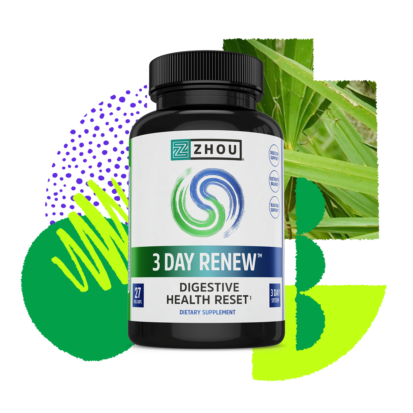 A bottle of Zhou Nutrition 3 Day Renew for digestive reset, set against abstract green and purple background designs.