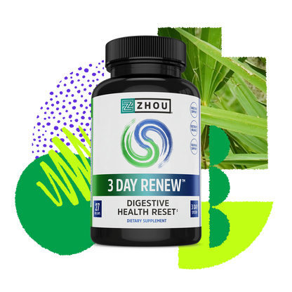 A bottle of Zhou Nutrition 3 Day Renew for digestive reset, set against abstract green and purple background designs.