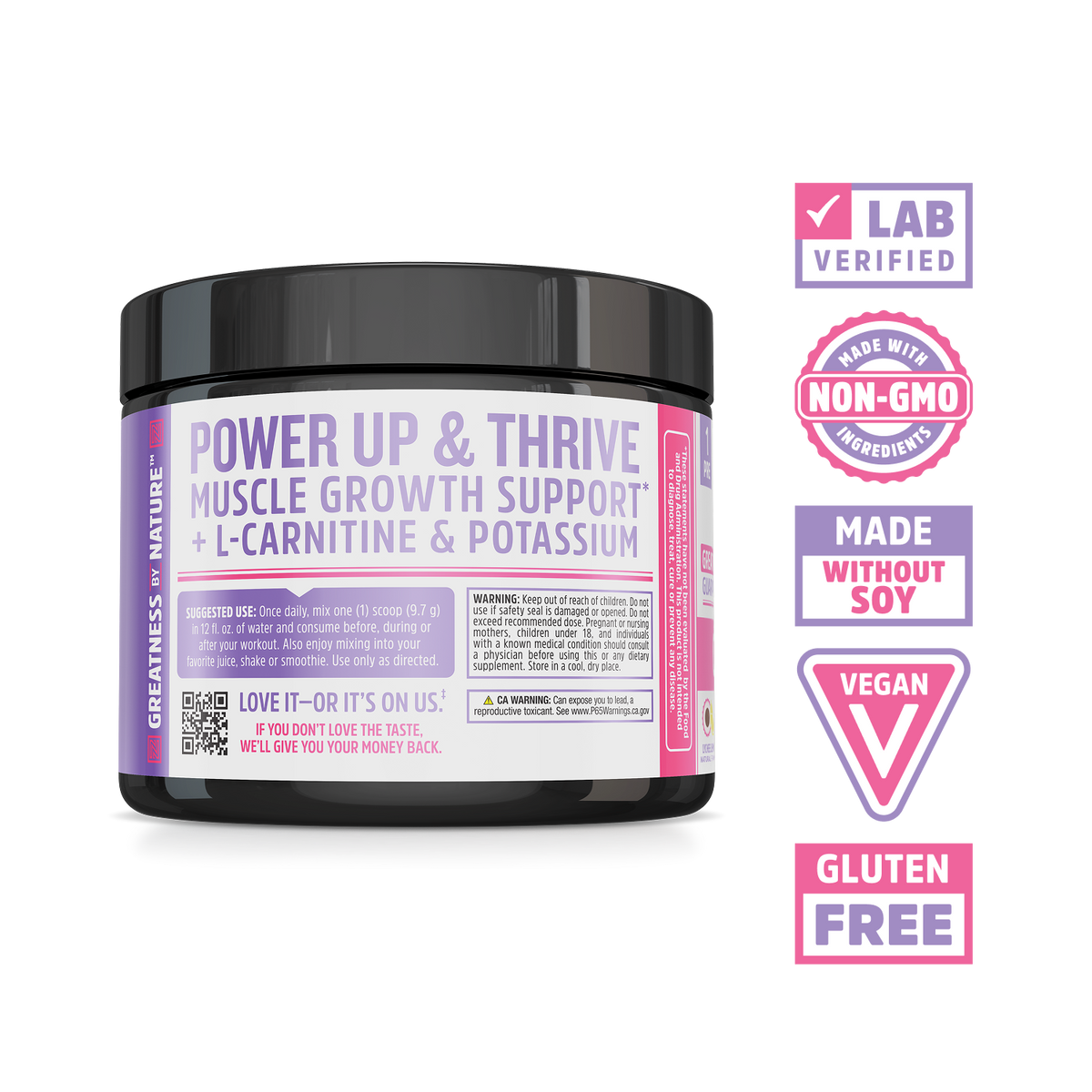 A black tub of Zhou Nutrition Creatine for Her with white labels and five pink circular certification badges.