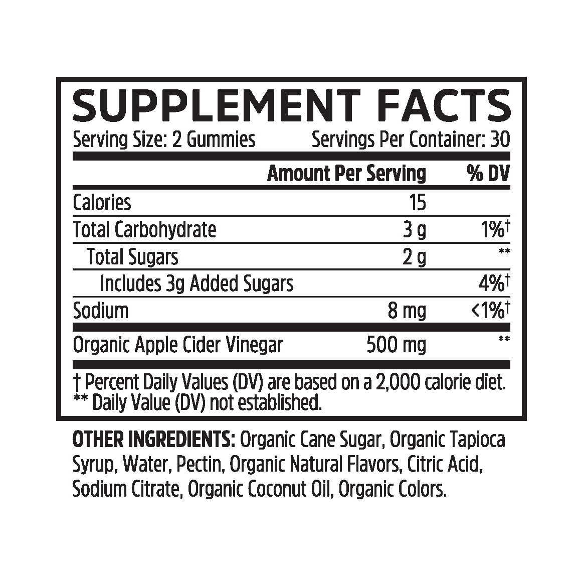 Zhou Nutrition Apple Cider Vinegar Gummies: nutrition facts, probiotics, and metabolism support ingredients listed.