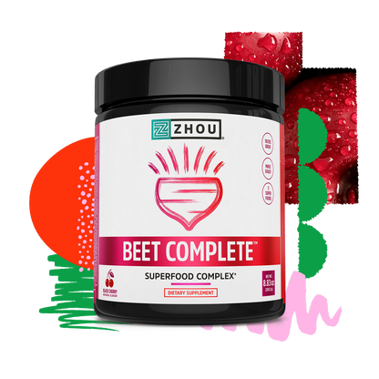 A jar of Zhou Nutrition Beet Complete beet root powder with abstract shapes and a beet illustration in the background.