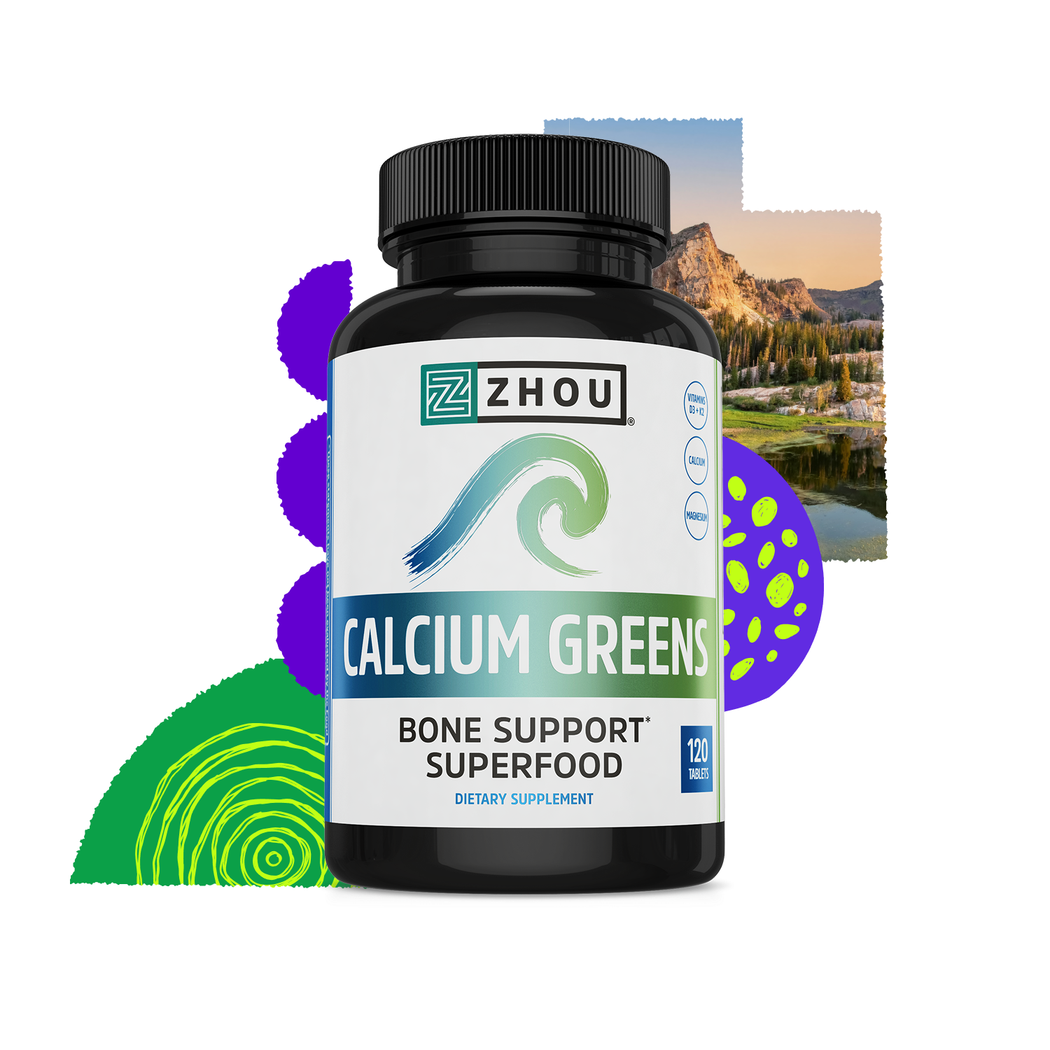 A bottle of Zhou Nutrition Calcium Greens with calcium, vitamin D, and abstract shapes on a mountain backdrop.
