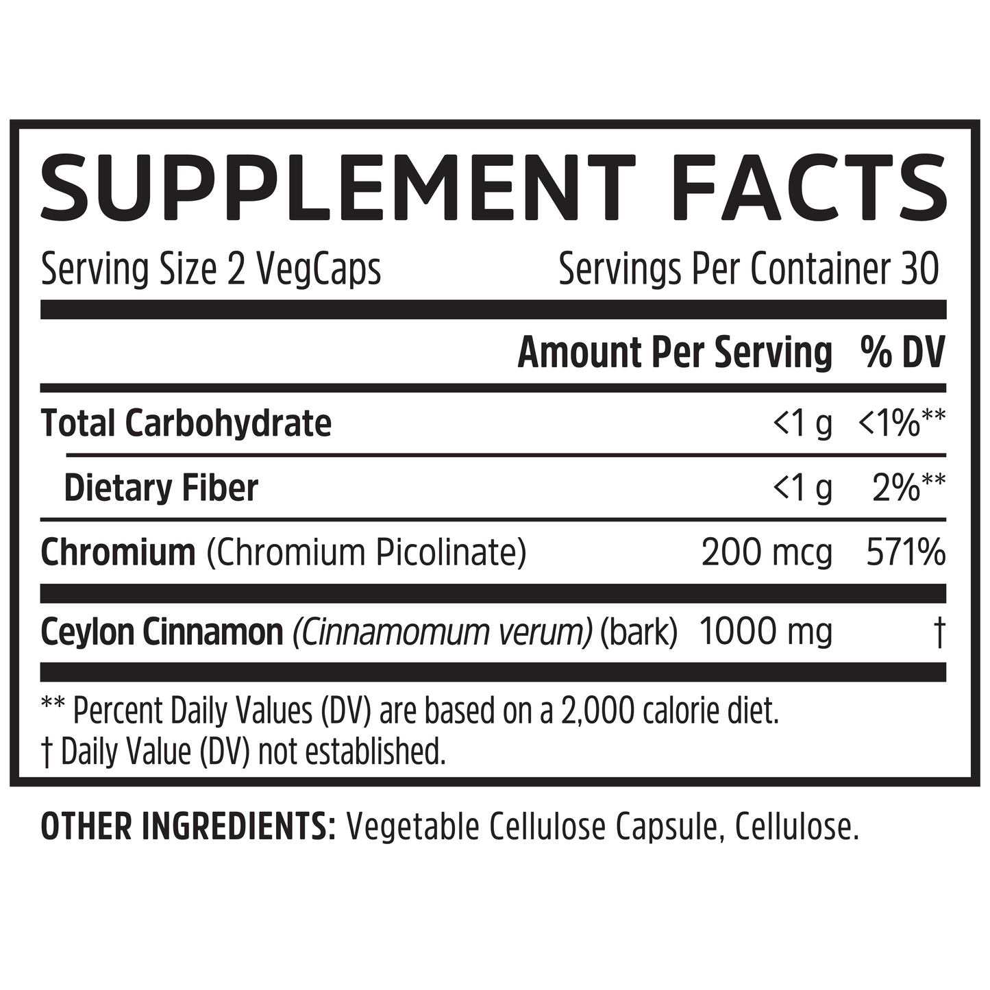 Zhou Nutrition Ceylon Cinnamon Supplement Facts: serving size, nutrients, and amounts per serving for glucose metabolism.