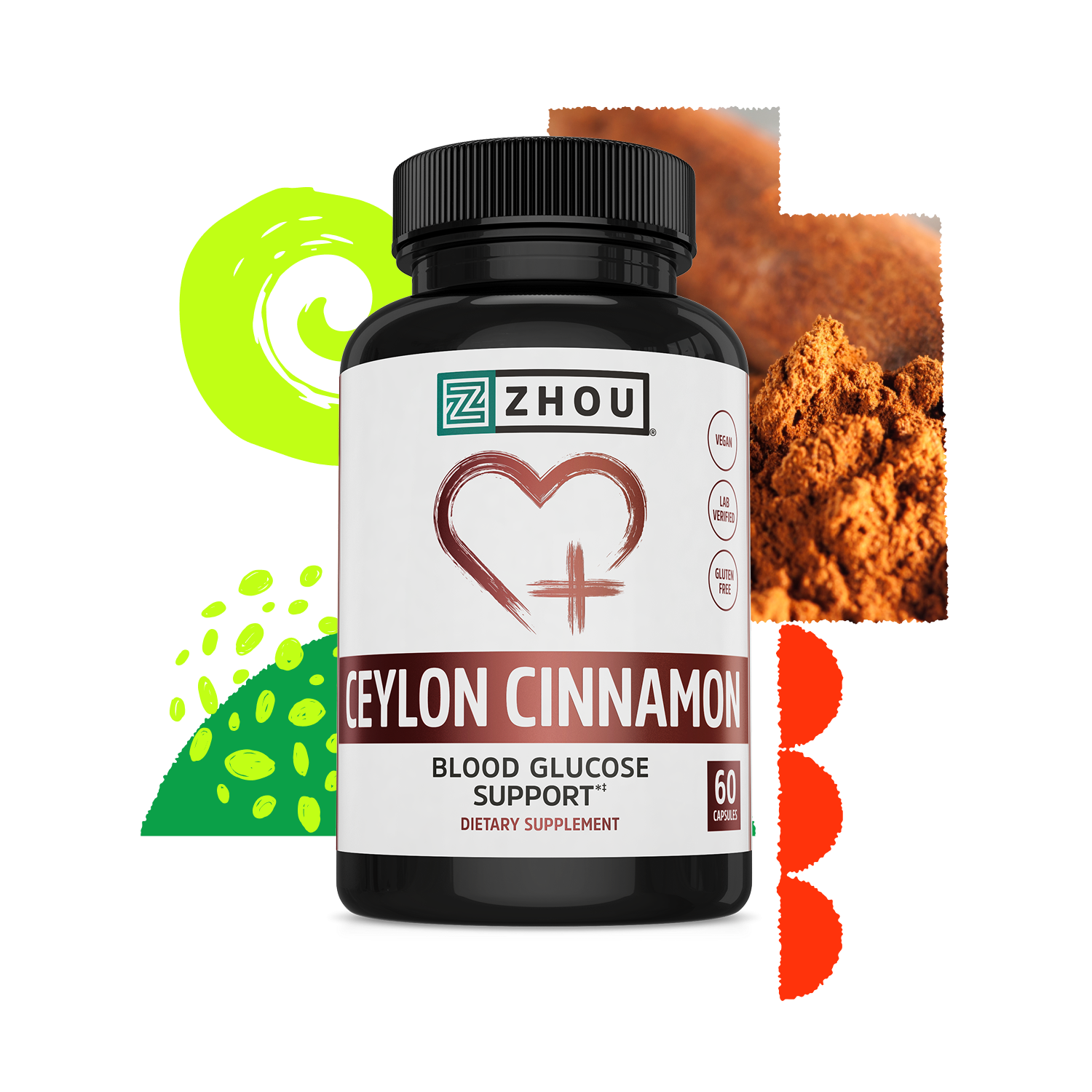 A bottle of Zhou Nutrition Ceylon Cinnamon, supporting glucose metabolism, with abstract designs and cinnamon powder behind.
