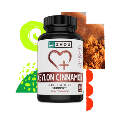 A bottle of Zhou Nutrition Ceylon Cinnamon, supporting glucose metabolism, with abstract designs and cinnamon powder behind.