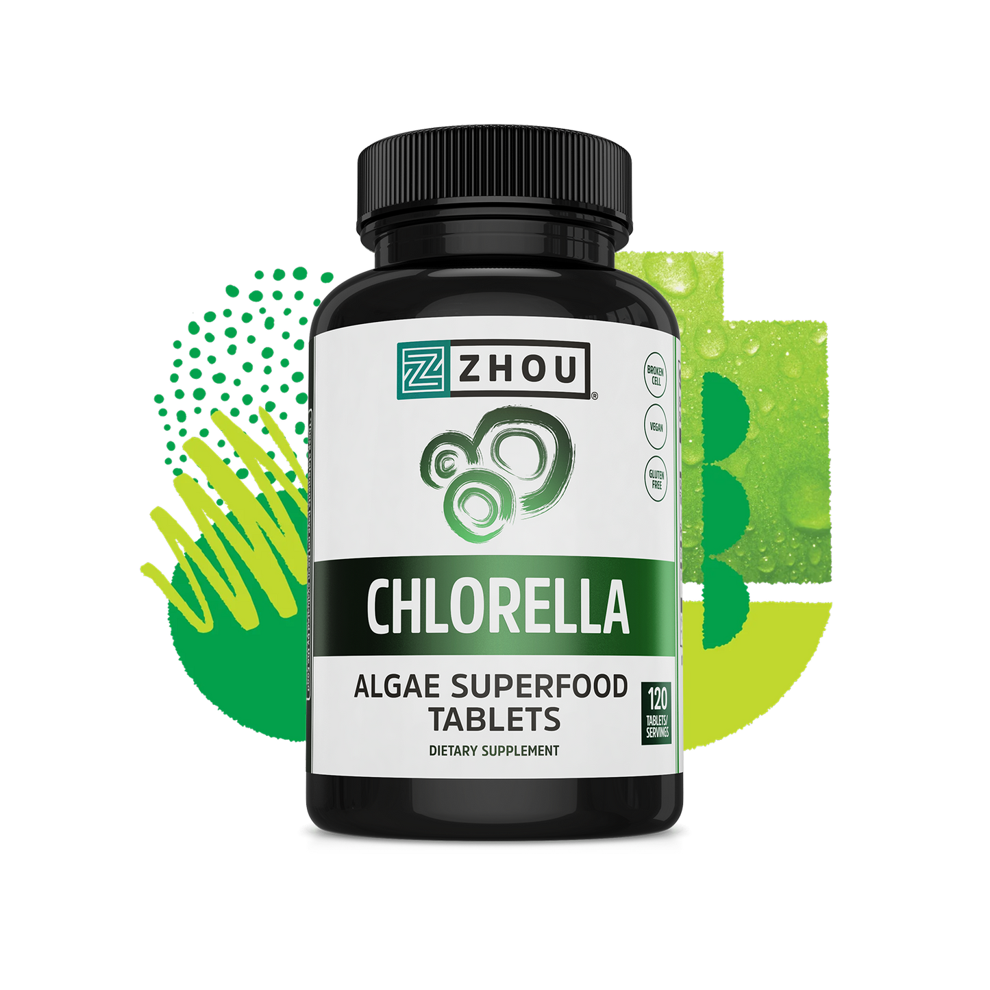 A bottle of Zhou Nutrition Chlorella tablets, a nutrient-rich superfood, with a green abstract background.