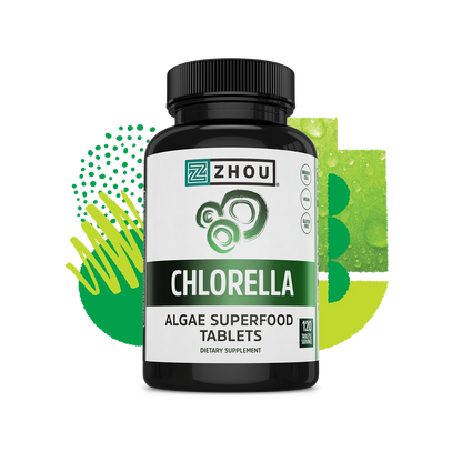 A bottle of Zhou Nutrition Chlorella tablets, a nutrient-rich superfood, with a green abstract background.