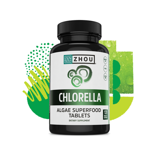 A bottle of Zhou Nutrition Chlorella tablets, a nutrient-rich superfood, with a green abstract background.
