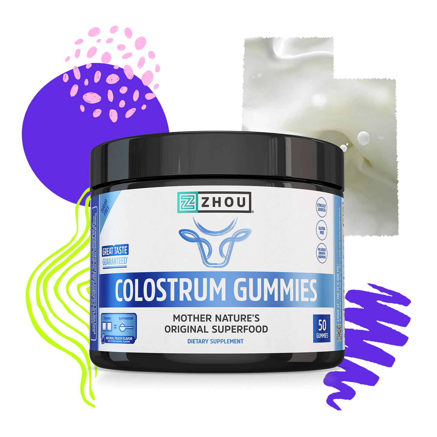 A jar of Zhou Nutrition Colostrum Gummies features colorful abstract shapes for a fun, vibrant way to support modern diets.