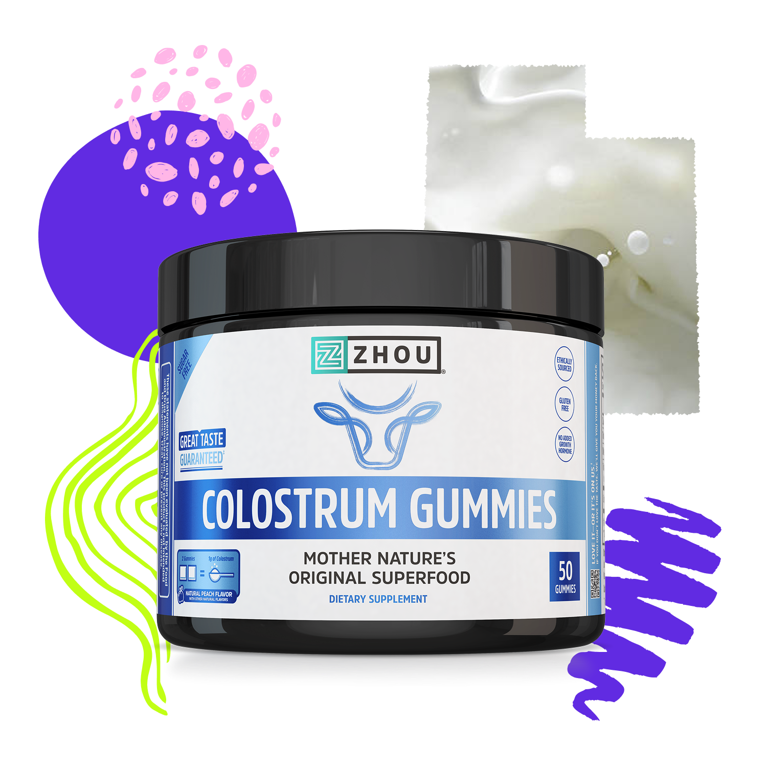 A jar of Zhou Nutrition Colostrum Gummies features colorful abstract shapes for a fun, vibrant way to support modern diets.