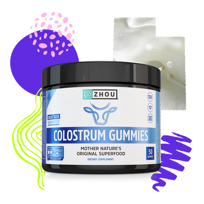 A jar of Zhou Nutrition Colostrum Gummies features colorful abstract shapes for a fun, vibrant way to support modern diets.