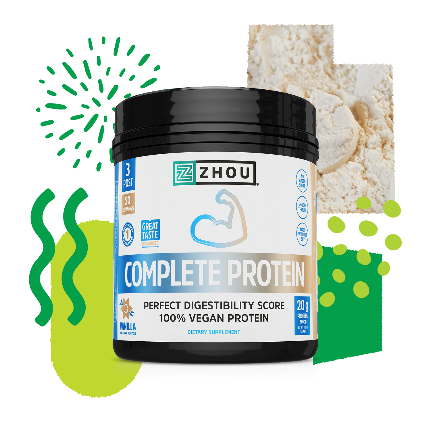 Zhou Nutrition Complete Protein Vanilla vegan powder with scoop on a graphic backdrop.