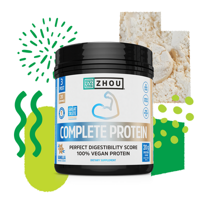Zhou Nutrition Complete Protein Vanilla vegan powder with scoop on a graphic backdrop.