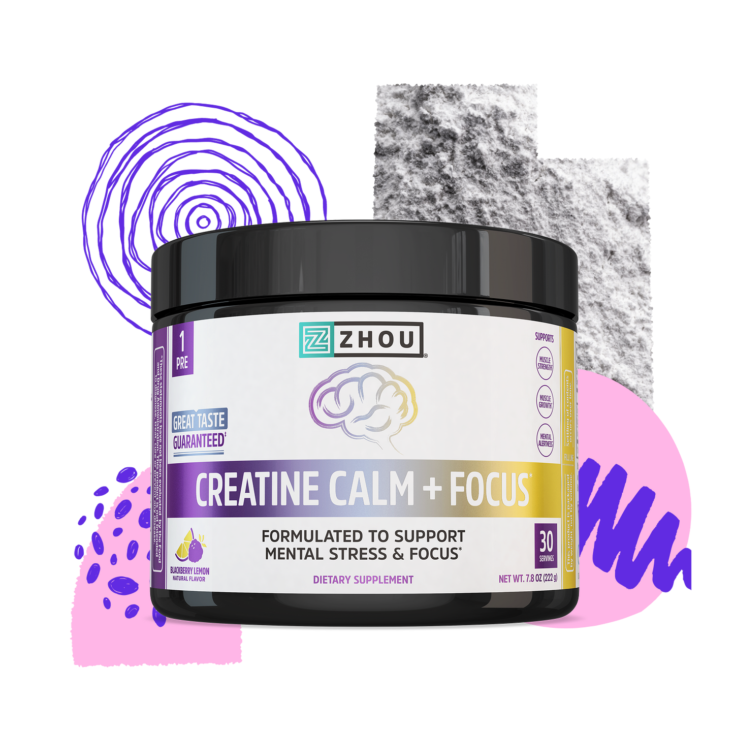 A container of Zhou Nutrition Creatine Calm + Focus supplement with abstract, colorful shapes in the background.