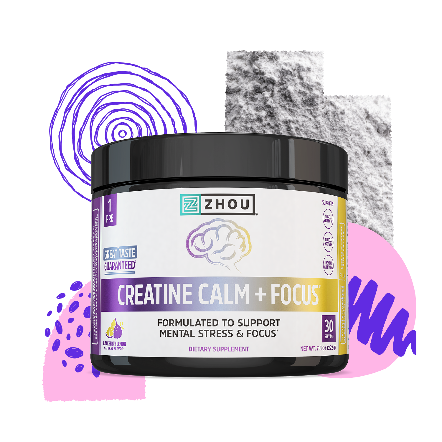 A container of Zhou Nutrition Creatine Calm + Focus supplement with abstract, colorful shapes in the background.
