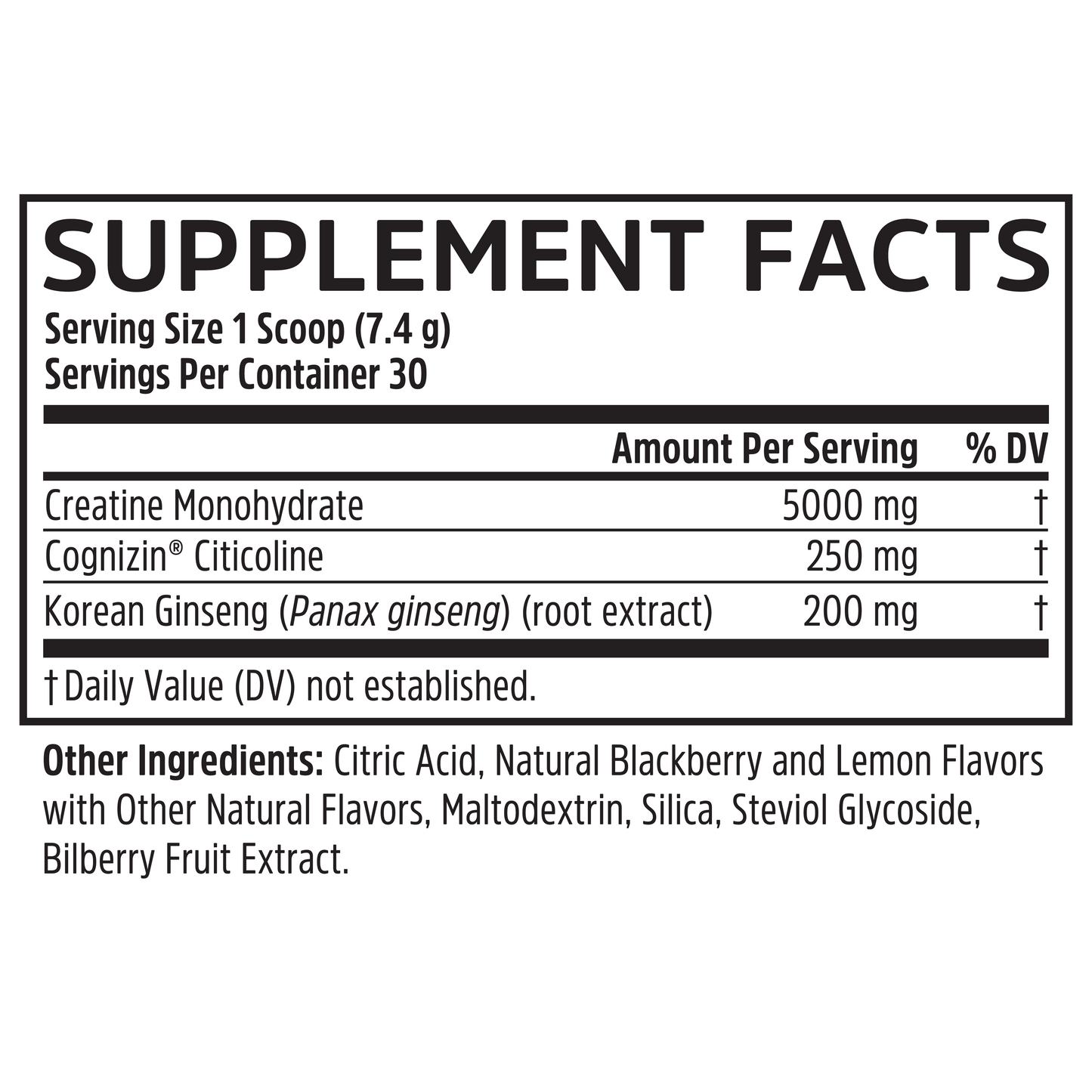 Supplement facts label for Zhou Nutrition Creatine Calm + Focus: serving size, ingredients, and amounts shown.