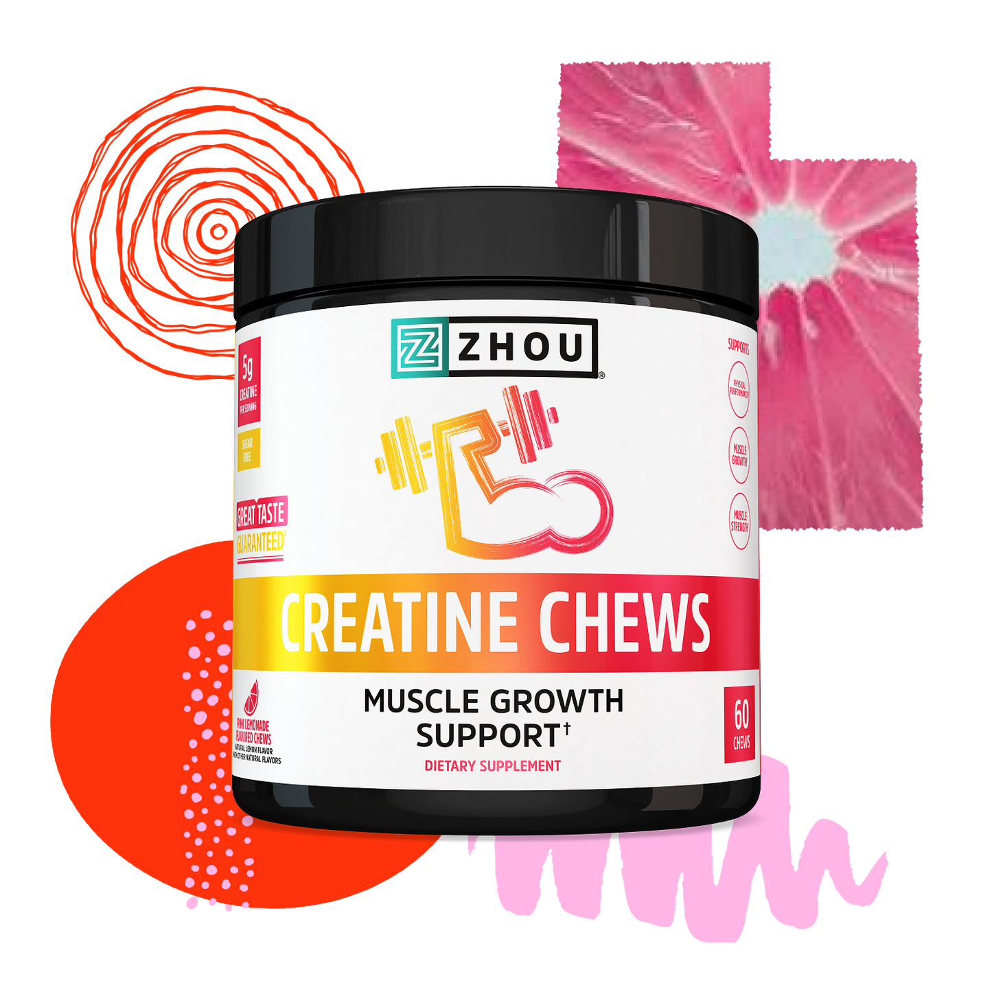 A container of Zhou Nutrition Creatine Chews for muscle growth, set against colorful abstract shapes in the background.