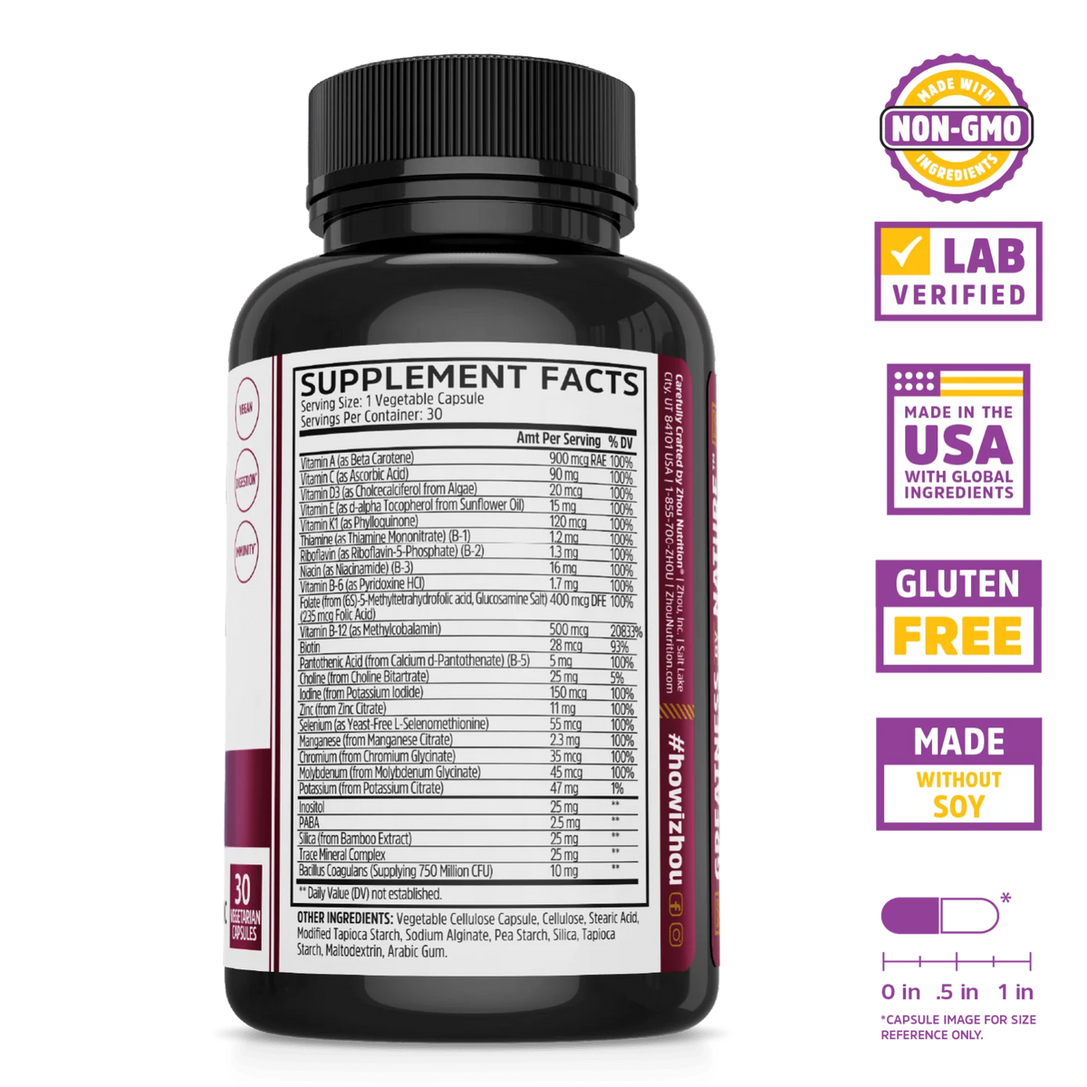 Zhou Nutrition Daily Boost: Vegan capsules for daily nutrition, lab verified with vitamins & minerals, non-GMO, gluten-free.