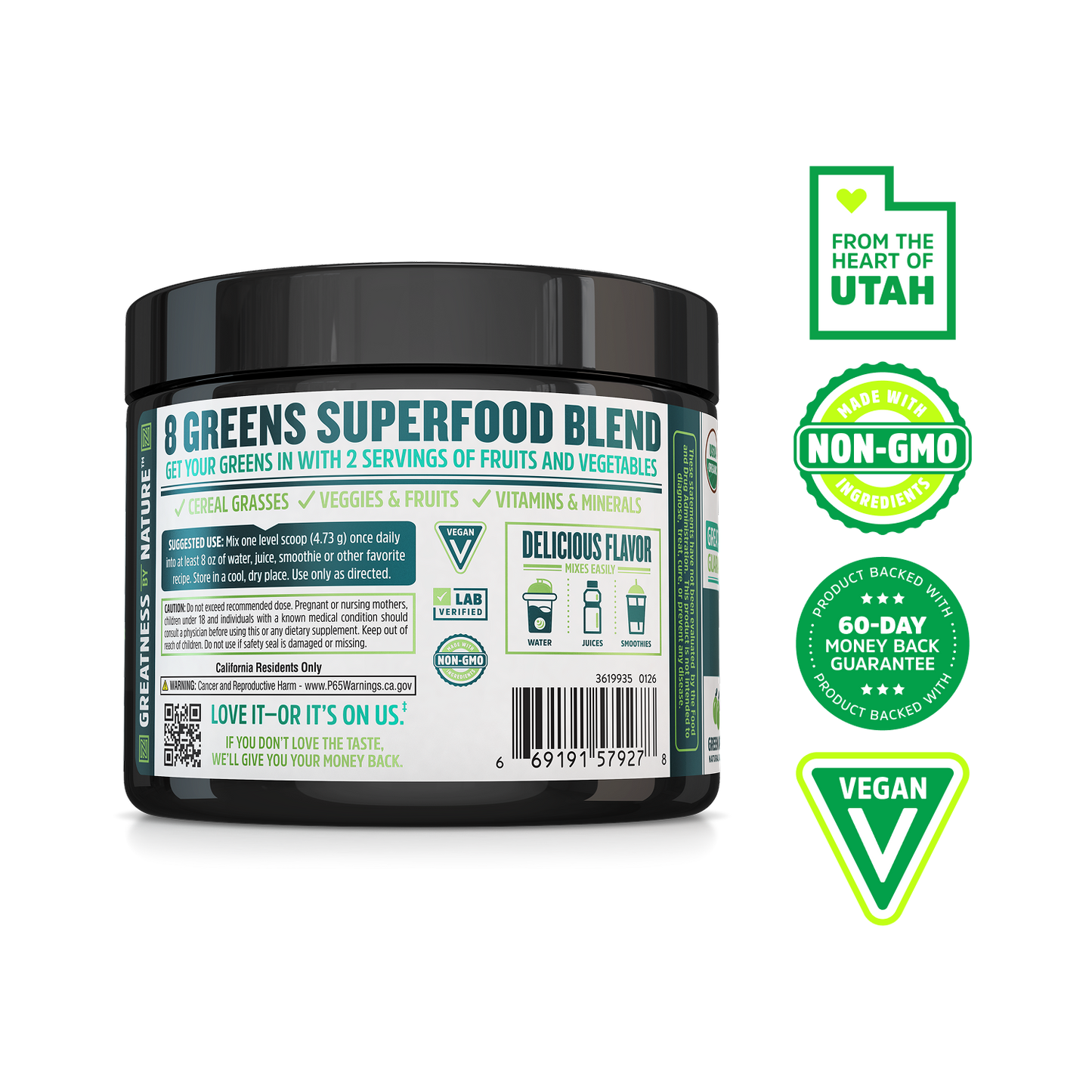 A tub of Zhou Nutrition Daily Greens, a non-GMO, vegan powder with a 60-day guarantee, made in Utah.