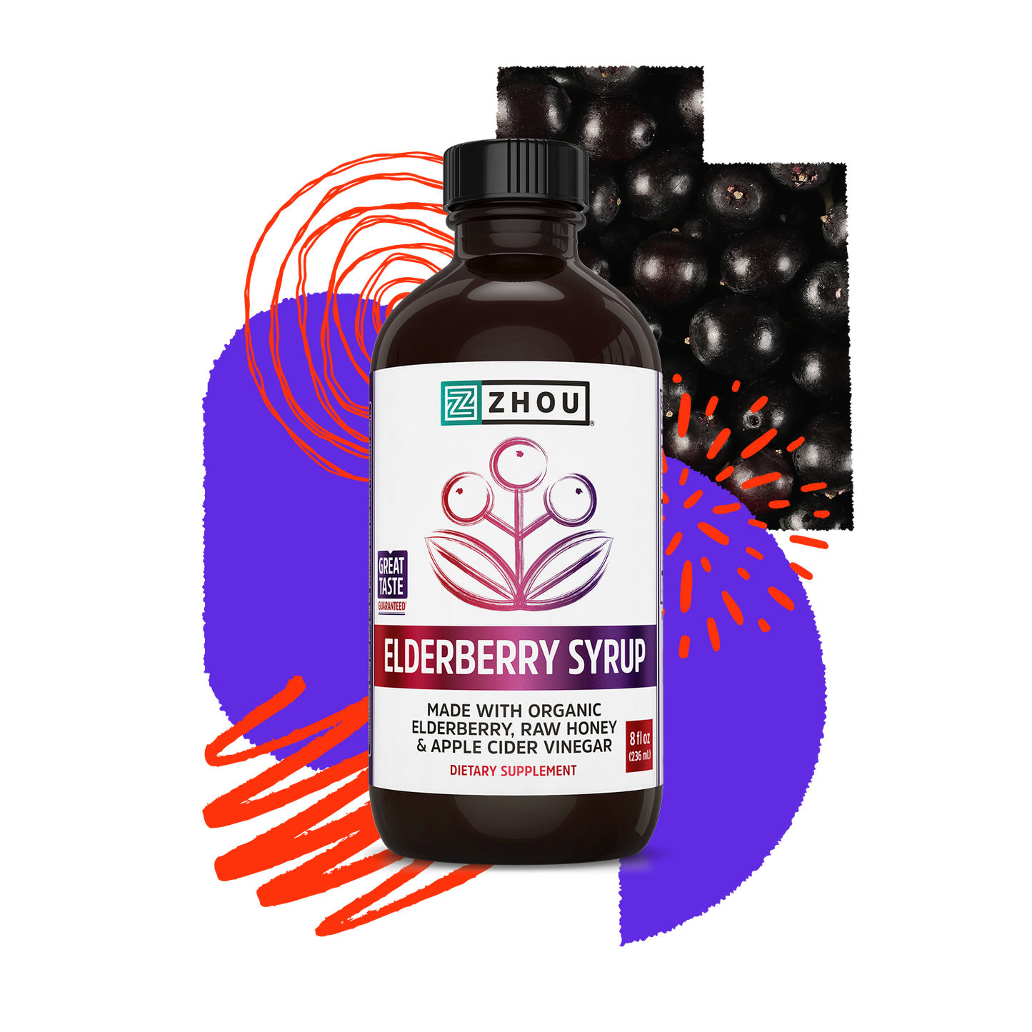 A bottle of Zhou Nutrition Elder-Immune + Syrup for wellness, with elderberries and a colorful abstract background.