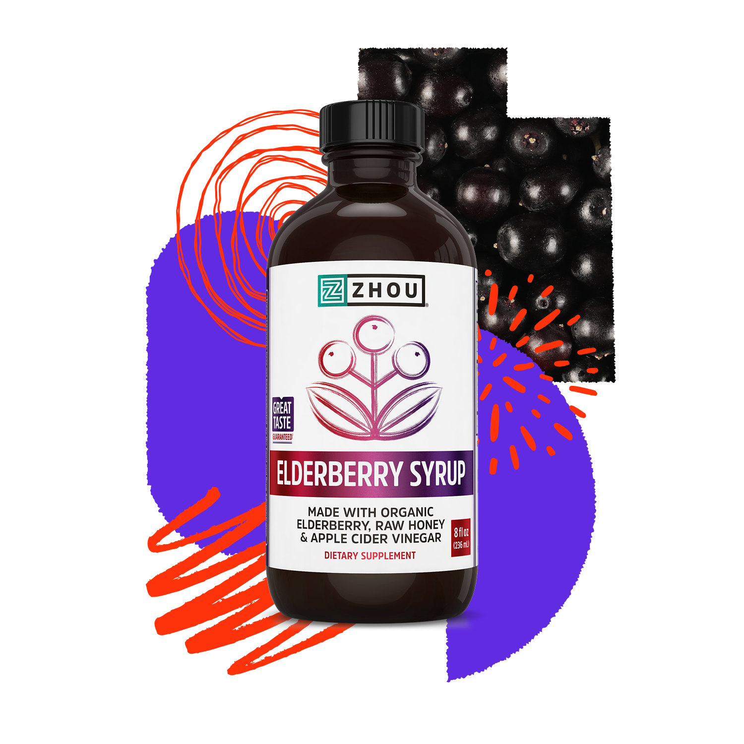 A bottle of Zhou Nutrition Elder-Immune + Syrup for wellness, with elderberries and a colorful abstract background.