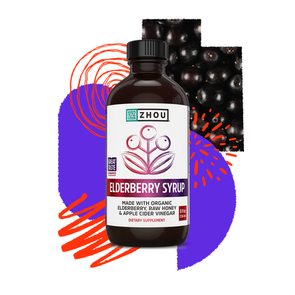 A bottle of Zhou Nutrition Elder-Immune + Syrup for wellness, with elderberries and a colorful abstract background.