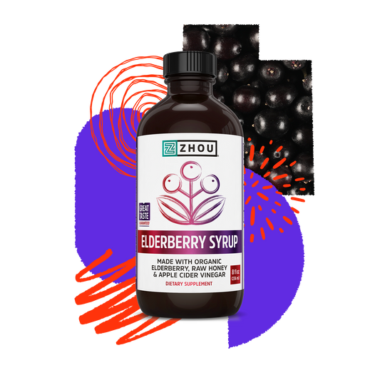 A bottle of Zhou Nutrition Elder-Immune + Syrup for wellness, with elderberries and a colorful abstract background.
