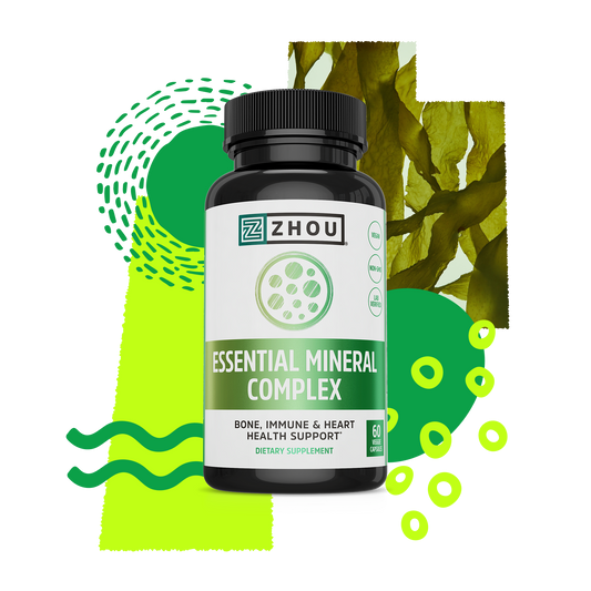 A bottle of Zhou Nutrition Essential Mineral Complex for bone support, with green abstract shapes and seaweed behind.