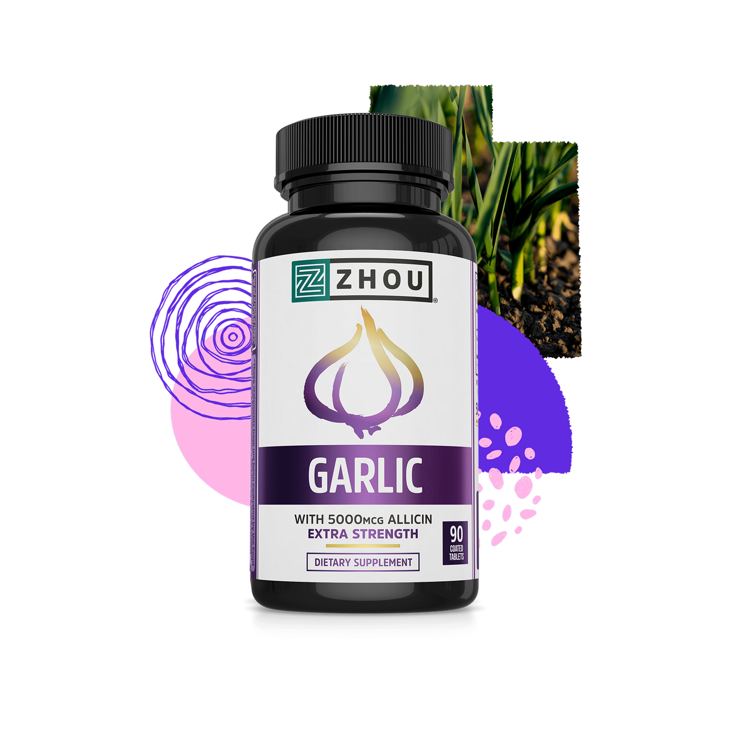A bottle of Zhou Nutrition Garlic with Allicin, featuring abstract shapes, garlic plant, and heart health symbols.