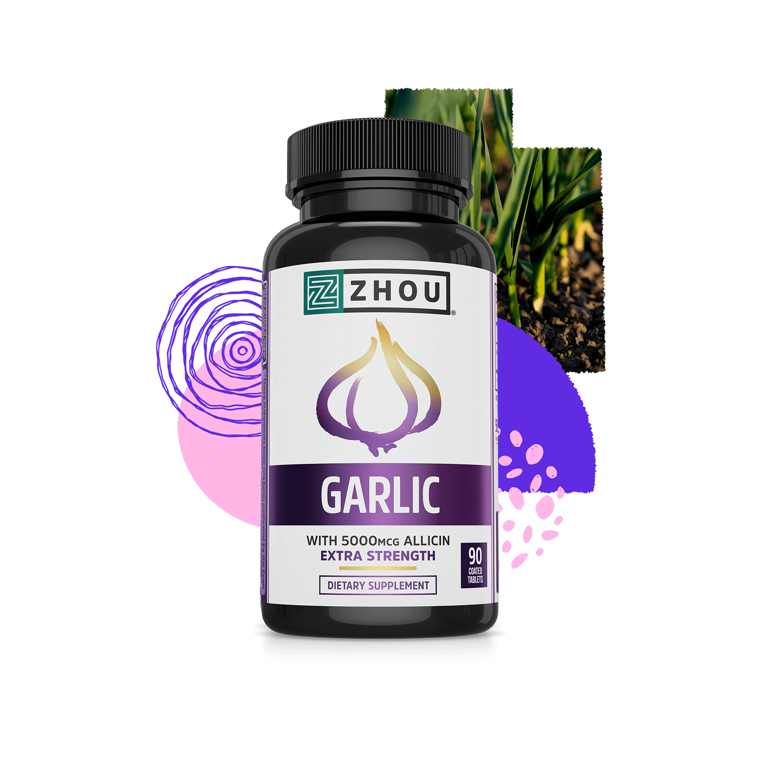 A bottle of Zhou Nutrition Garlic with Allicin, featuring abstract shapes, garlic plant, and heart health symbols.