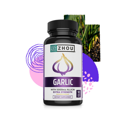 A bottle of Zhou Nutrition Garlic with Allicin, featuring abstract shapes, garlic plant, and heart health symbols.